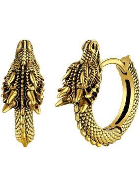 🆕 Men Gold Punk Rock Earrings Hypoallergenic Stainless Steel Sterling Dinosaur
